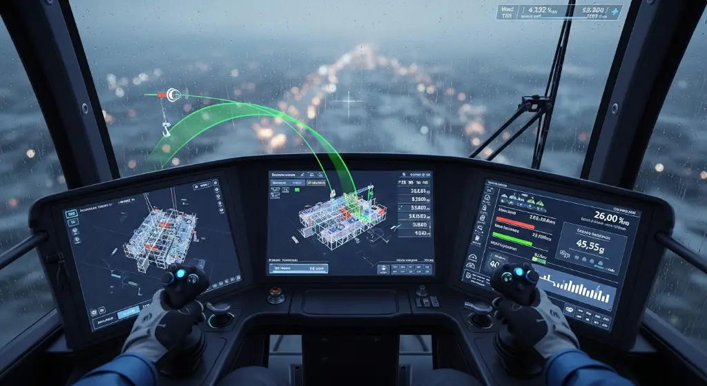 A digitális emeléstechnika jövője: egy futurisztikus emelőgép-fülke, ahol a vezérlést augmentált valóság és adatvizualizáció segíti.