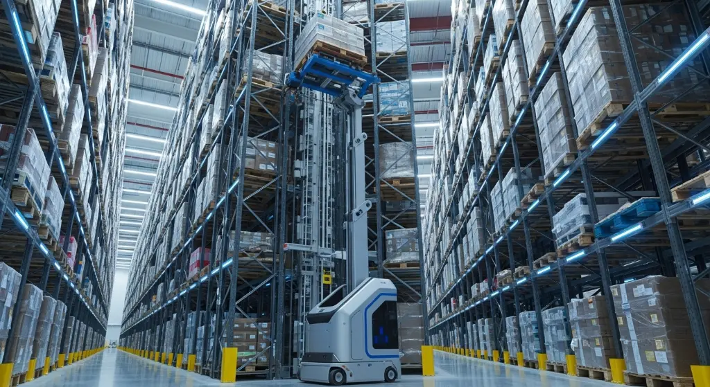 A modern raktár és emeléstechnika csúcsa: automata targonca végzi a magasraktári komissiózást a vertikális tér maximális kihasználásával.