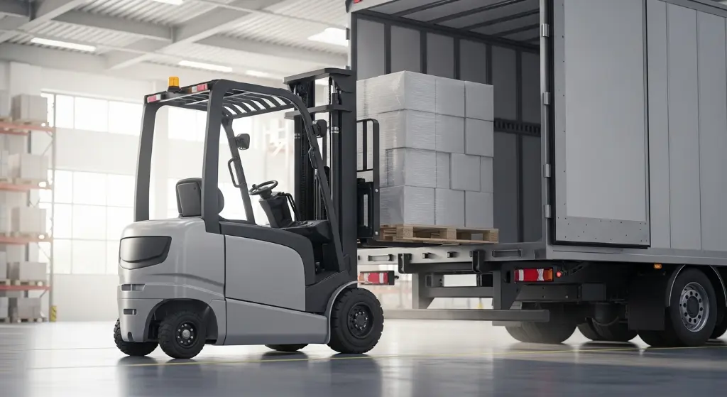 A közúti árufuvarozás hatékonysága: targonca végzi a gyors és precíz anyagmozgatást a kamion és a raktár között.