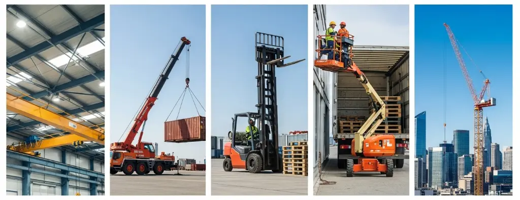 Az anyagmozgatás és emeléstechnika sokszínű műveleteit bemutató kollázs