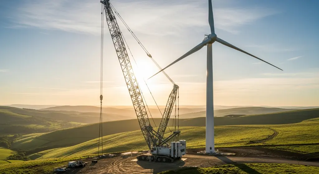 Az energetikai emeléstechnika monumentalitása: egy gigantikus daru egy újonnan telepített szélturbina tövében, a sikeres projekt befejezését szimbolizálva.